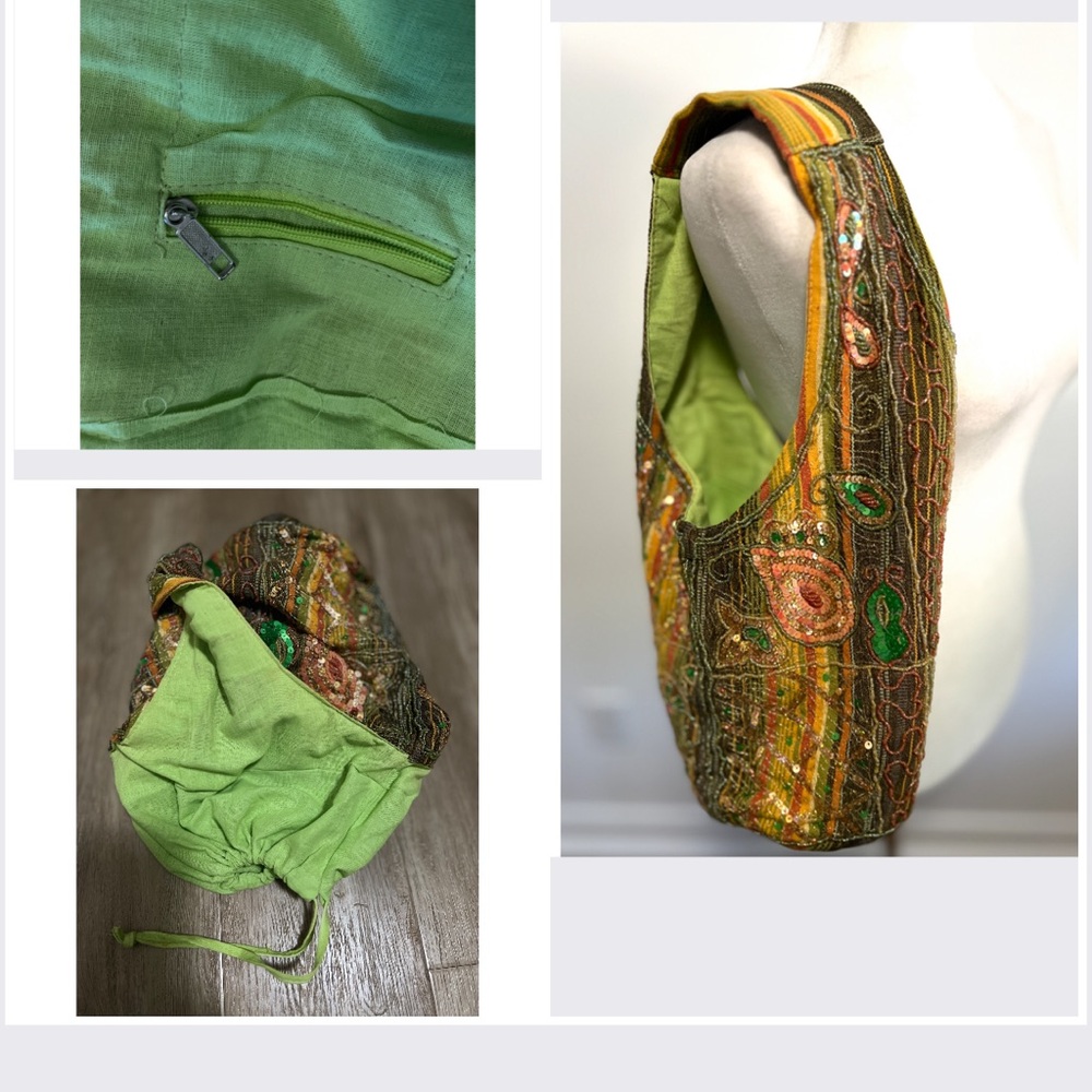 🎁 Boho Sequin Beaded Paisley Hobo Bag Olive Gold Burnt Orange Purse New - Picture 12 of 16